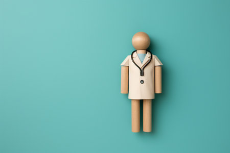 Wooden figurine of a doctor man on a turquoise background with space for text.の素材