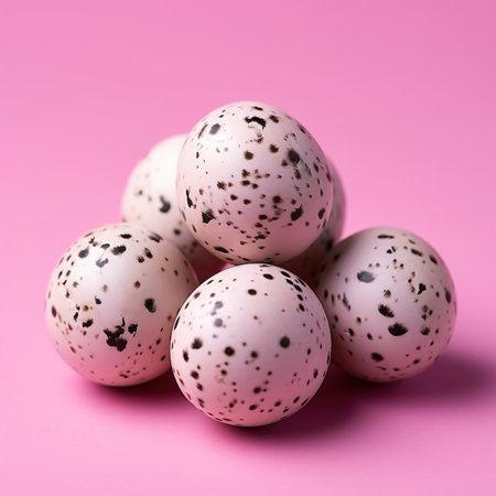 Quail eggs on a pink background.の素材