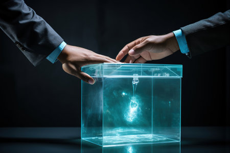 Hands of two people near a box with secret technology. Transfer, protection of secret data.の素材