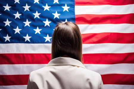 Rear view of a young woman next to the US flag.の素材