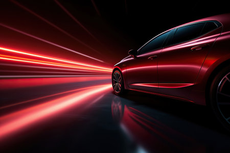 Modern red car in a tunnel, blurry tunnel light.の素材