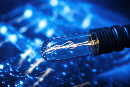 Light bulb on a blurred blue background.の素材
