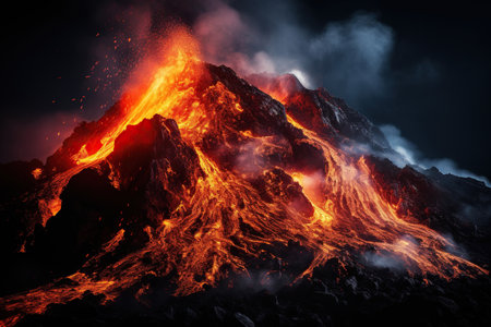 Eruption. Hot lava flows down the surface of the volcano.の素材