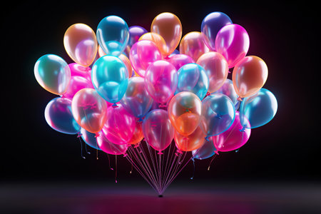 Composition of neon balls on a black background.の素材