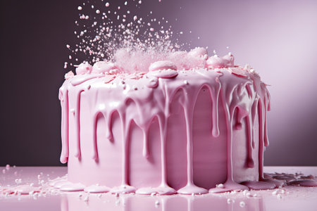 Pink cake with pink dripping frosting.の素材