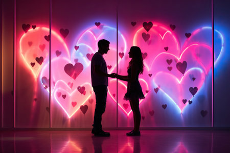 Silhouette of a couple in love on a neon background.の素材