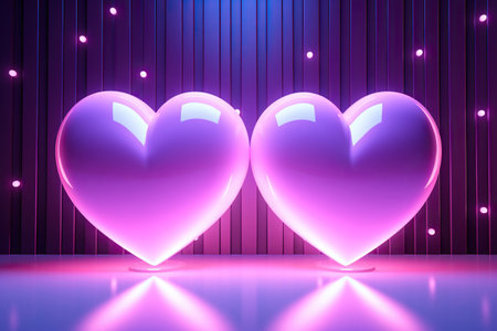 Two large purple hearts with a neon glow. Valentine's Day concept.の素材