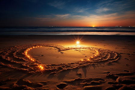 Heart shape made of lights on the beach at sunset. Romantic composition.の素材