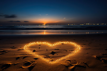 Heart shape made of lights on the beach at sunset. Romantic composition.の素材