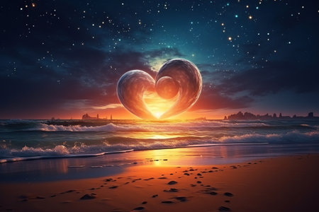 A beautiful bright heart glows in the sky above the sea. Romantic landscape.の素材