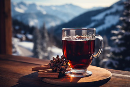 A glass of hot mulled wine with spices on a wooden tabletop with a view of the mountains. Generated...