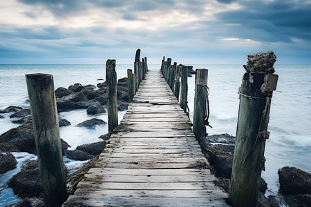 An old wooden pier going out to sea.の素材