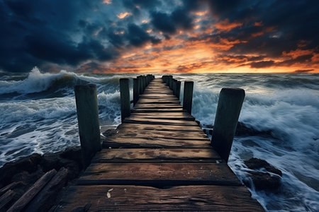 Old wooden pier in the stormy sea at sunset.の素材