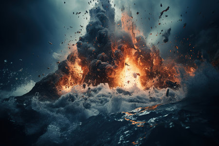 A volcanic eruption in the ocean with lava flowing into the water. Generated by artificial intelligenceの写真素材