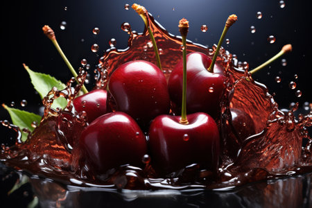Ripe juicy cherry in a splash of juice on a black background. Generated by artificial intelligenceの写真素材
