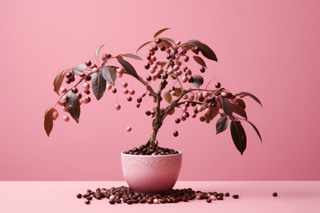 Coffee tree in a cup on a pink background.の素材