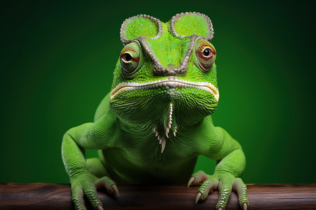Green chameleon on a wooden surface on a green background.の素材