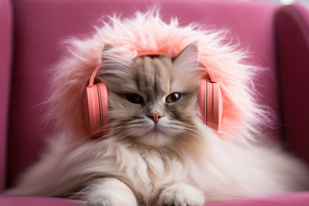 A very fluffy domestic white cat listens to music in pink headphones. Life of pets.の素材