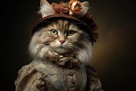 Portrait of a gray cat in a Victorian era costume.の素材
