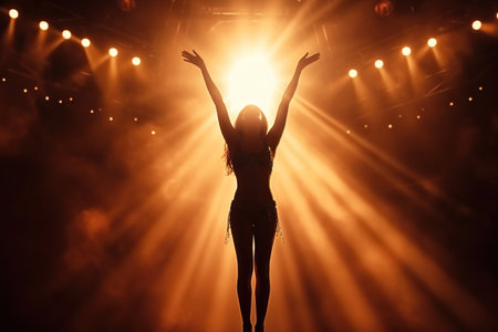 Silhouette of a woman on stage in the rays of spotlights.の素材