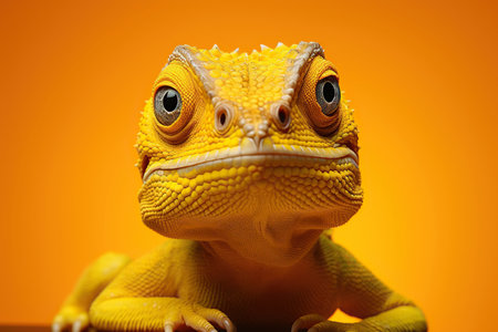 Bright yellow chameleon on a yellow background.の素材