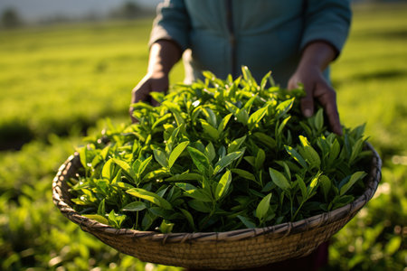 Freshly picked tea leaves in a wicker basket at a tea plantation. Generated by artificial intelligenceの写真素材