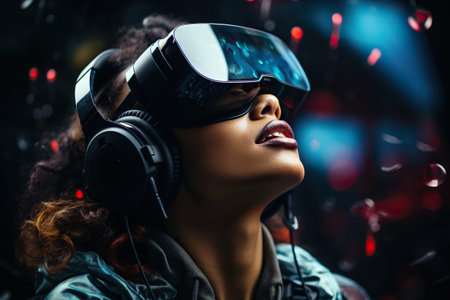 Dark-skinned young woman wearing virtual reality glasses. High technology concept. . Generated by artificial intelligenceの写真素材