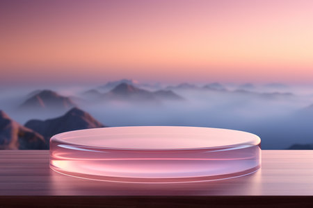 Pink glass transparent podium against the backdrop of a mountain landscape. Podium, stage for product presentation. Generated by artificial intelligenceの素材