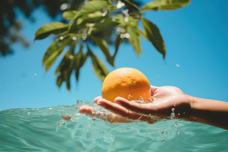 A hand holds an orange in water. Summer holiday concept. Generated by artificial intelligenceの写真素材