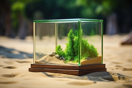 Glass cube with miniature Christmas trees on the sand. Environment conservation concept.の素材