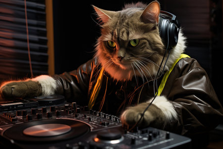 Cat DJ in big headphones, sunglasses and a yellow jacket. A pet.の素材