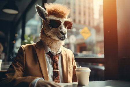 A llama in a business suit and sunglasses sits in a cafe.の素材