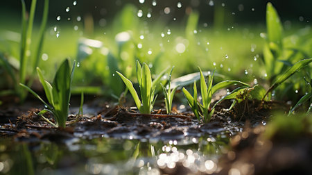Green grass on a meadow with drops of water dew in the morning light in spring, summer outdoors. Close up, panorama.の素材