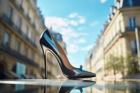 Beautiful elegant women's shoes made of black leather with high heels, standing on a mirror surface. Festive women's shoes. Side viewの素材