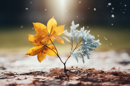 Dry yellow leaves on a young tree sprout. Environment conservation concept. Generated by artificial intelligenceの写真素材
