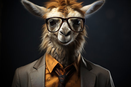 Lama in a business suit and glasses on a dark background.の素材