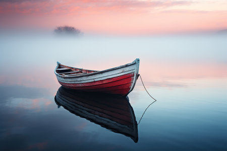 Old wooden boat in calm water in the fog. Reflection of a boat on the water.の素材