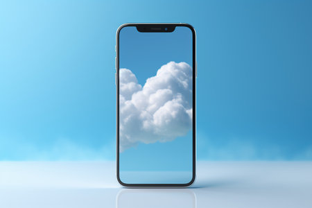 Realistic image of clouds on a smartphone screen. The concept of high-quality photographs on a smartphone.の素材