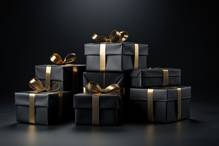 Black gift boxes with gold ribbon bow tag on black background. Discounts, sales, black Friday. Generated by artificial intelligenceの素材