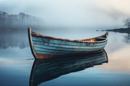 Old wooden boat in calm water in the fog. Reflection of a boat on the water.の素材
