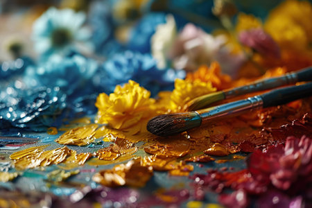 Paint brush with strokes of paint on canvas.