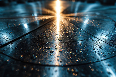 Metal surface with drops and bright golden rays.の写真素材