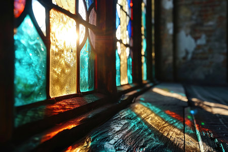 Light passes through stained glass. Vintage background.の写真素材