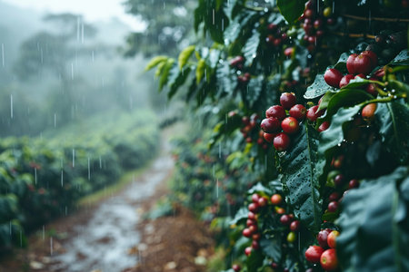 Coffee bushes with ripe coffee beans in the rain.の写真素材