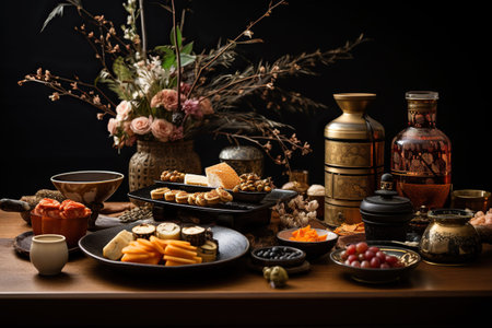 The table is served with trays of traditional oriental sweets and fruits.の写真素材