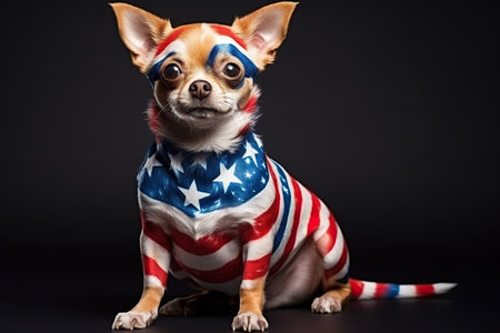 A dog with fur colored in the colors of the US flag. Patriotic dog.の素材