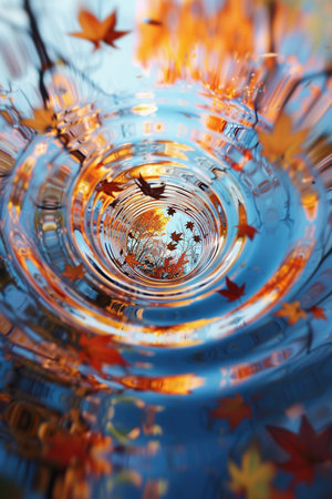 Yellowed autumn leaves lie in a puddle on a sunny day. Autumn backgroundの写真素材