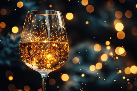 Wine glass filled with sparkling fluid on bokeh background. Magic conceptの写真素材
