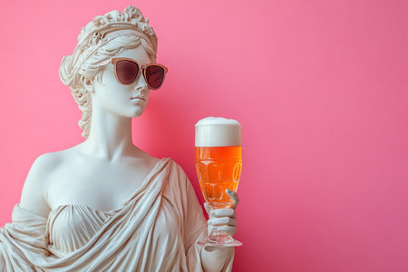 Plaster statue of a Greek goddess woman in sunglasses with a glass of beer on a pink backgroundの写真素材