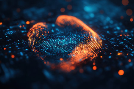 Digital fingerprint on the background of the motherboard. Concept of digital security. Generated by artificial intelligenceの素材